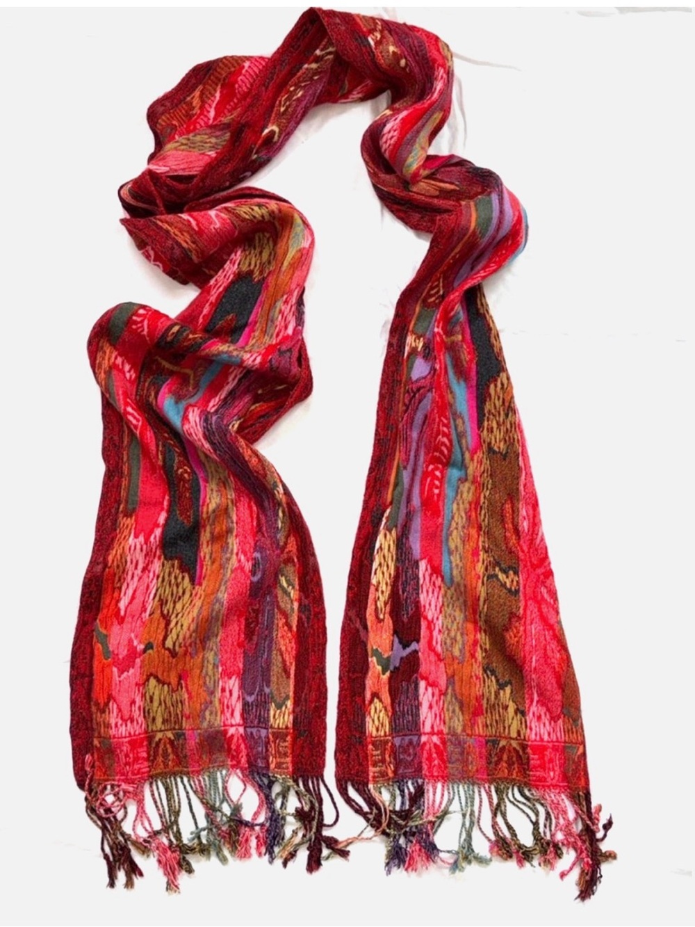 Silk Viscose Fringe Scarf Wrap Shawl Red Multicolor Boho Festival Lightweight